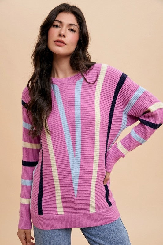 Annie Wear Chevron Stripe Round Neck Ribbed Sweater