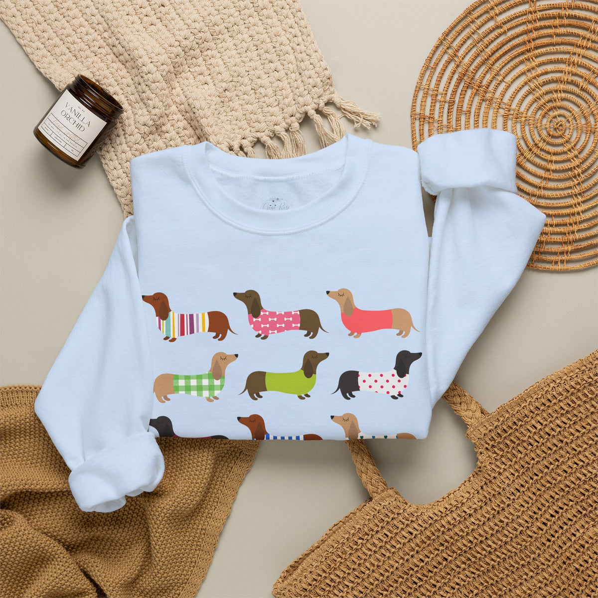 Colorful Dachshund Crewneck Sweatshirt — Vibrant Wiener Dog Design