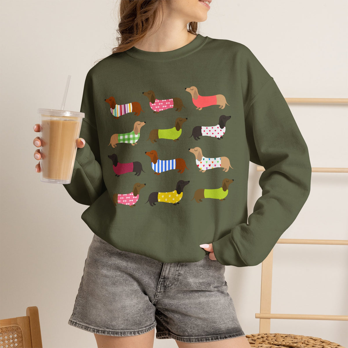 Colorful Dachshund Crewneck Sweatshirt — Vibrant Wiener Dog Design