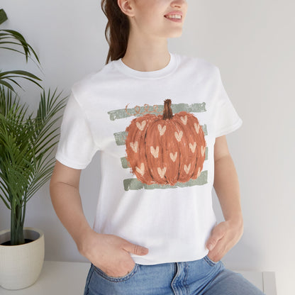 Pumpkin Heart Tee — Rustic Green Striped Autumn Pumpkin T‑Shirt