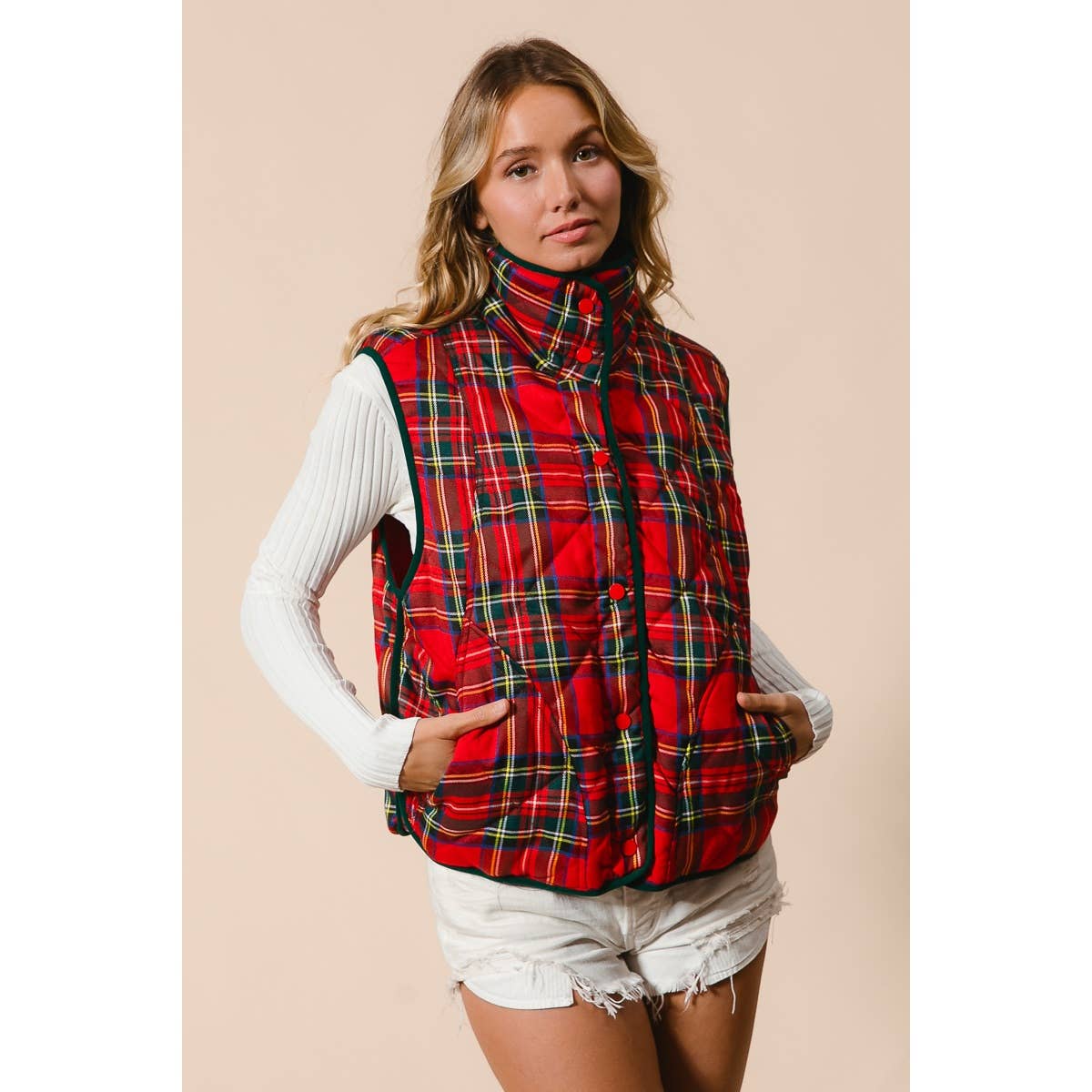 BiBi Vintage Christmas Puff Plaid Quilted Vest