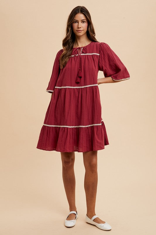 Annie Wear Tassel Contrast Trim Tie Neck Half Sleeve Tiered Dress