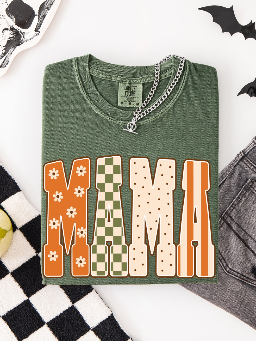 Retro MAMA Fall Floral Checkered Comfort Colors Graphic Tee
