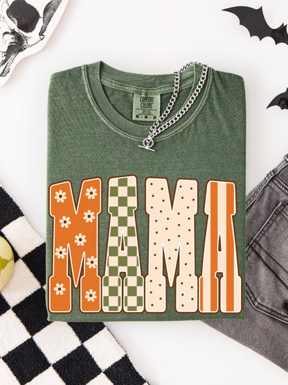 Retro MAMA Fall Floral Checkered Comfort Colors Graphic Tee