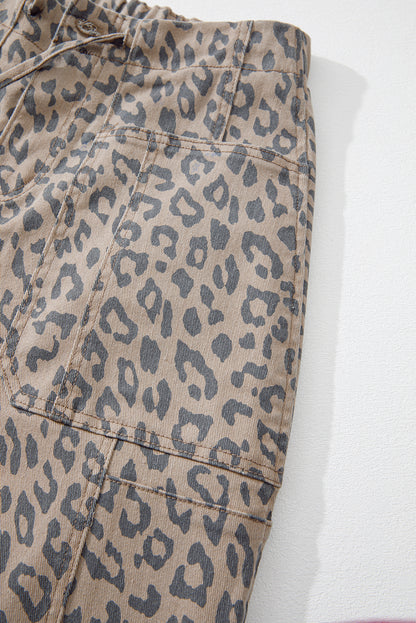 Khaki Leopard Printed Drawstring Elastic Waistband Pocketed Barrel Jeans