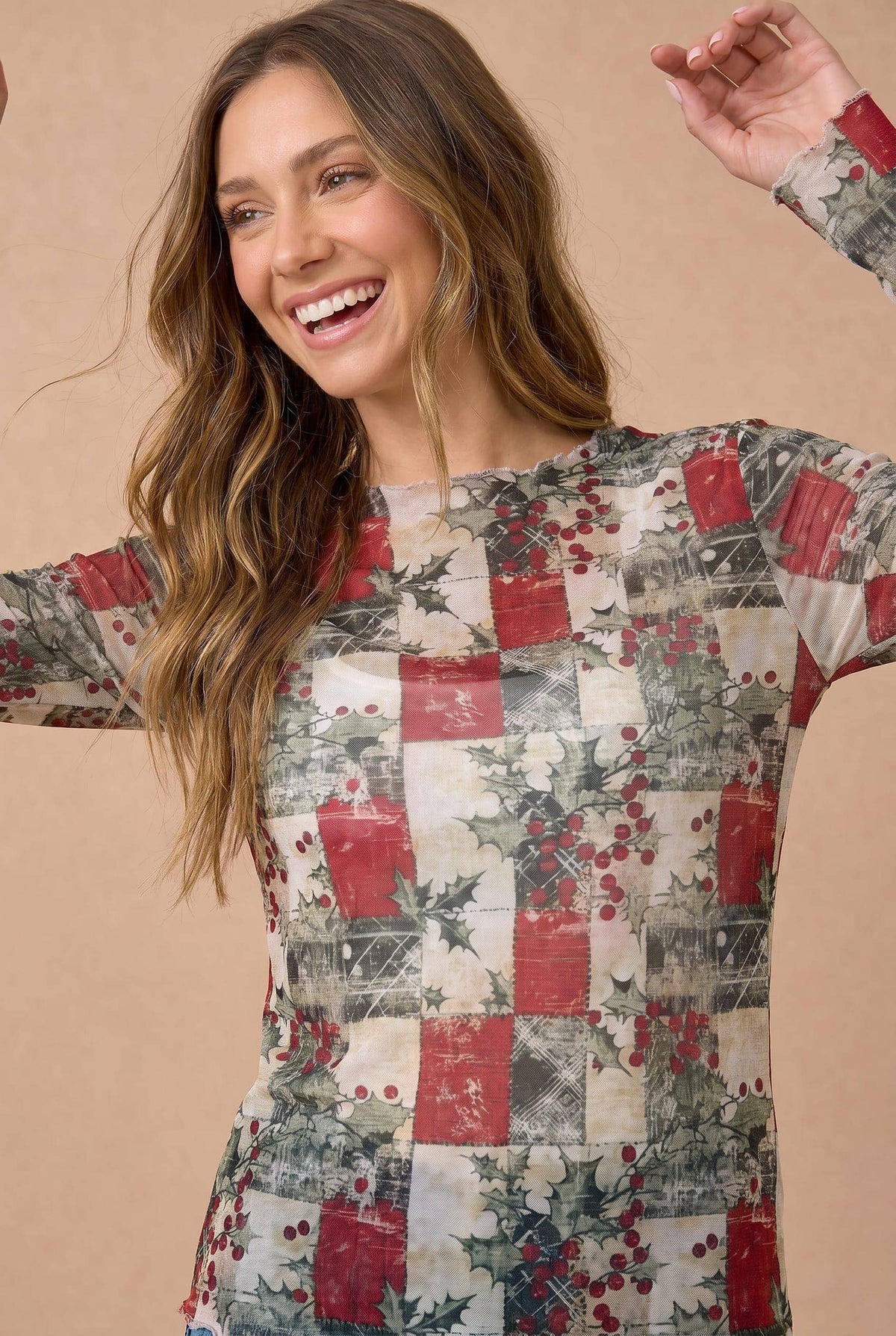 Mistletoe Semi Sheer Mesh Frilled Hem Top