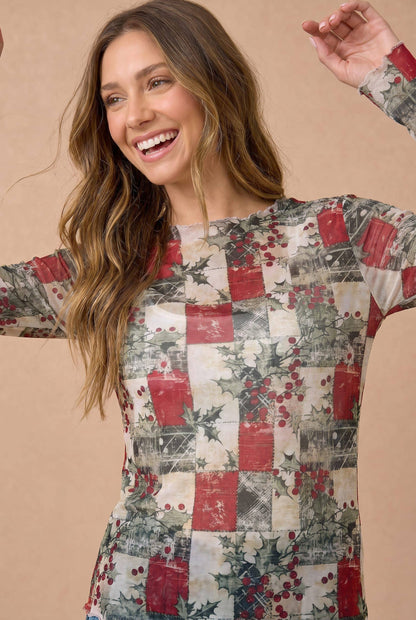 Mistletoe Semi Sheer Mesh Frilled Hem Top