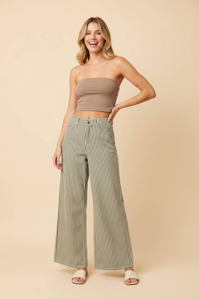 HP40087 High-Rise Wide-Leg Railroad Stripe Pants