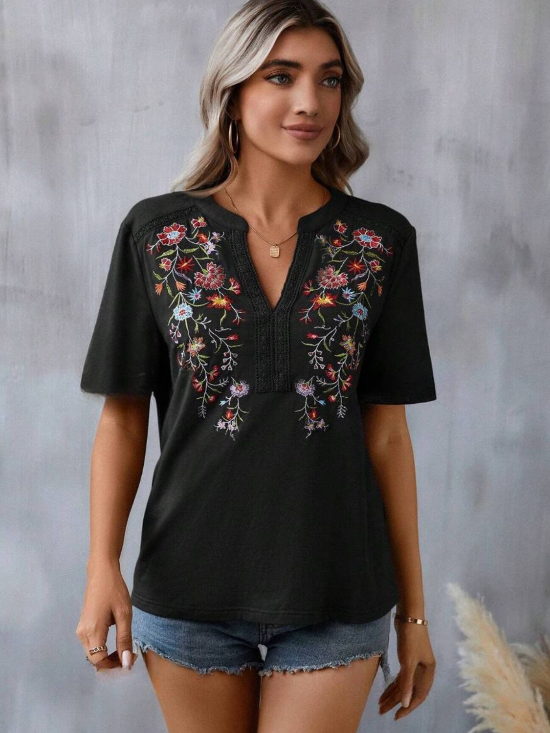 Elle Embroidered Notched Short Sleeve T-Shirt