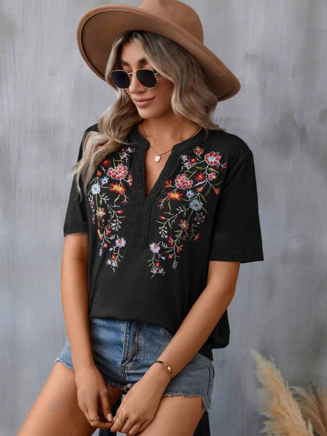 Elle Embroidered Notched Short Sleeve T-Shirt
