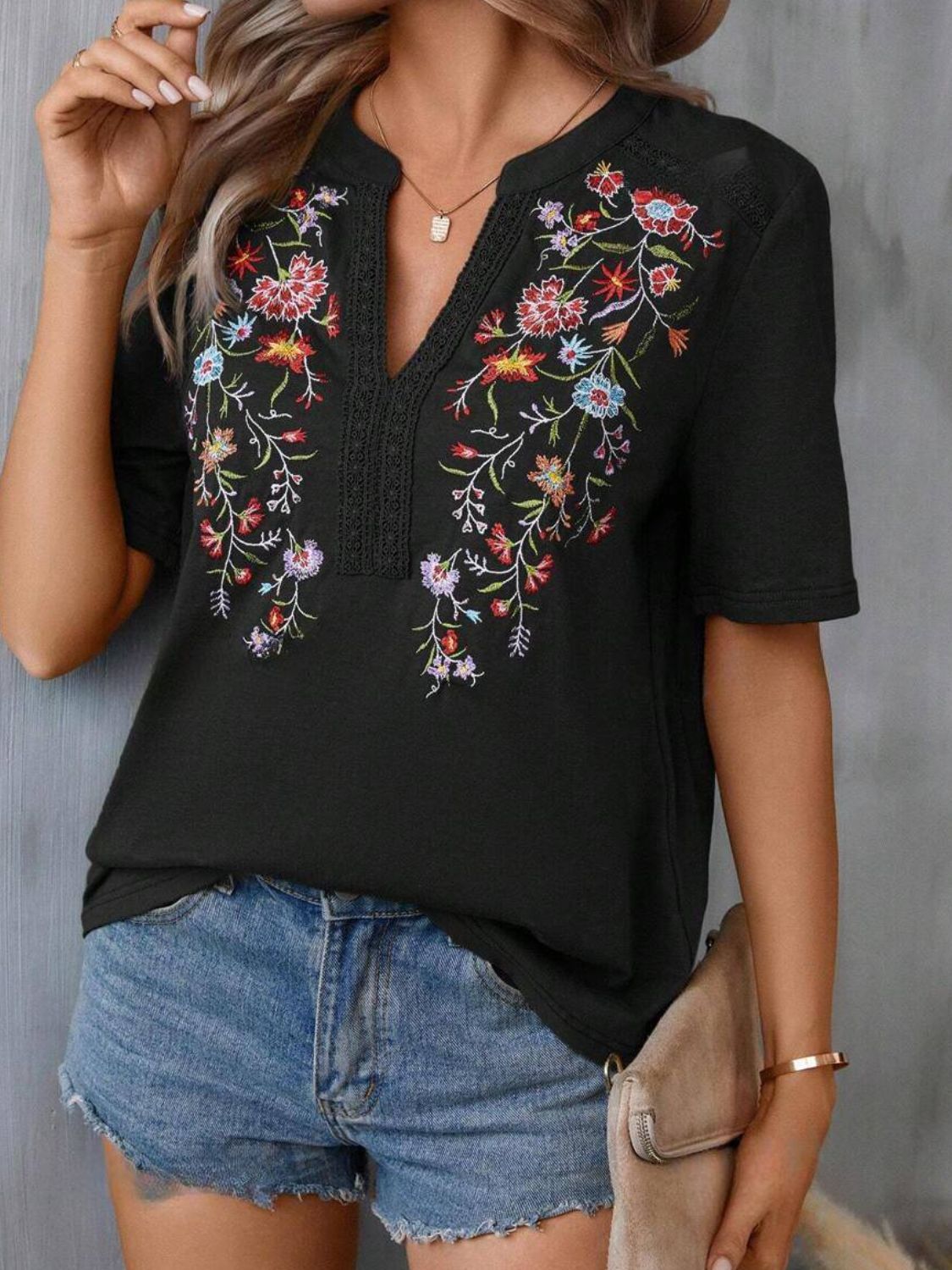 Elle Embroidered Notched Short Sleeve T-Shirt