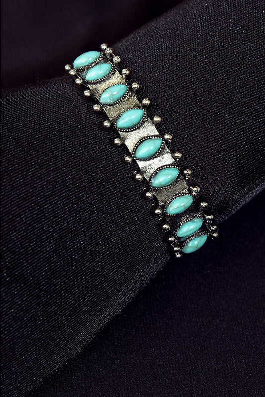 Boho Turquoise Gem Beaded Silver-tone Open Bracelet