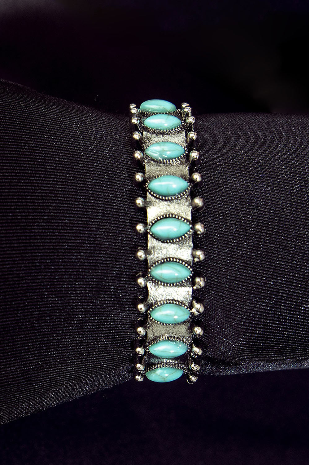 Boho Turquoise Gem Beaded Silver-tone Open Bracelet