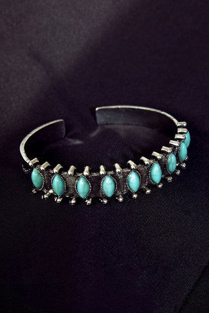 Boho Turquoise Gem Beaded Silver-tone Open Bracelet