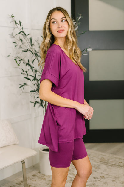 Buttery Soft V-Neck Bike Short Set in Lt Plum