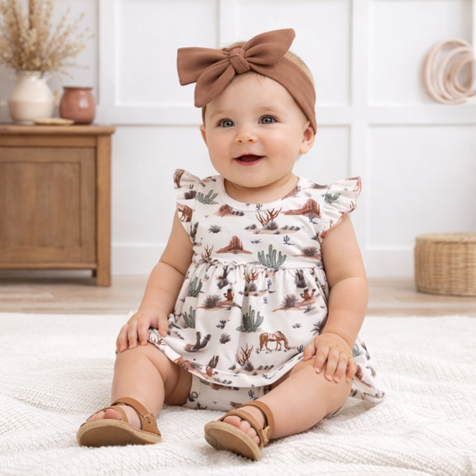Baby Girl Skirted Bodysuit – Soft Bamboo Cactus Trails