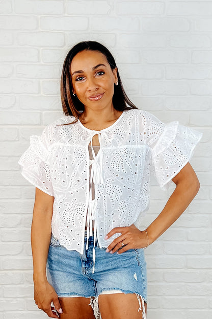 Classy As Heck Eyelet Front Tie Top in Off White