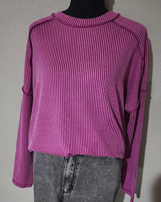 Zenana Full Size Exposed Seam Long Sleeve Plum