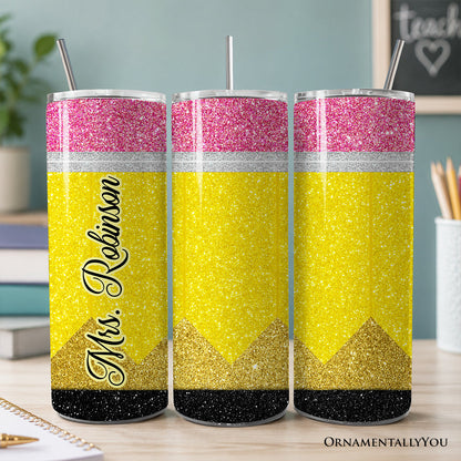 Glitter Pencil Design 20oz Personalized Tumbler With Lid and Stainless Steel Straw, School Teacher Gift Cup