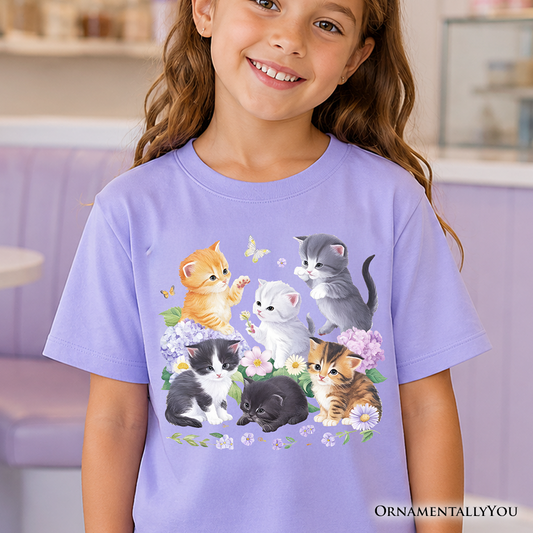 Kids Cute Baby Cats Wildflower T-Shirt, Cottagecore Botanical Cat Youth Tee