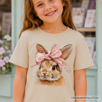Kids Easter Bunny Coquette Pink Bow T-Shirt, Cute Watercolor Spring Tee for Youth Girls