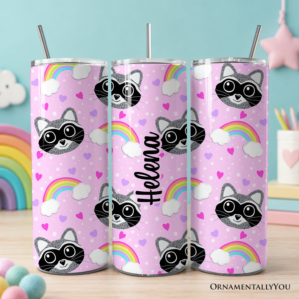 Pink Raccoon Rainbow Pattern 20oz Personalized Tumbler With Lid and Stainless Steel Straw, Colorful Woodland Animal Gift Cup
