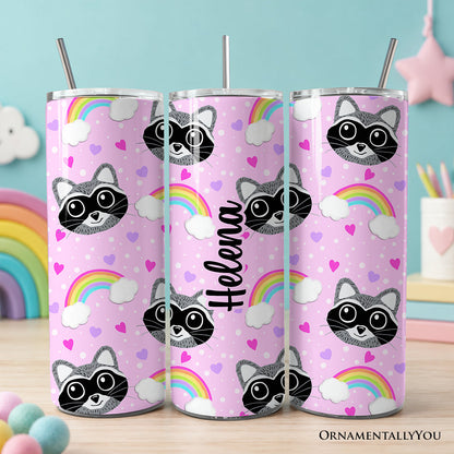 Pink Raccoon Rainbow Pattern 20oz Personalized Tumbler With Lid and Stainless Steel Straw, Colorful Woodland Animal Gift Cup