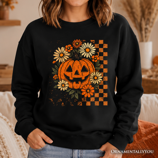 Checkered Floral Pumpkin Sweatshirt, Retro Preppy Halloween Sweater for Spooky Season Vibes