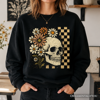 Checkered Floral Skeleton Sweatshirt, Vintage Skull Daisy Halloween Sweater