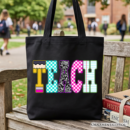 Neon Teacher Checkered Retro Tote Bag, Back To School Gift Shopper