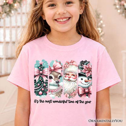 Kids Coquette Pink Christmas T-Shirt, It's The Most Wonderful Time Of The Year Vintage Tree, Reindeer, Santa and Snowman Youth Tee