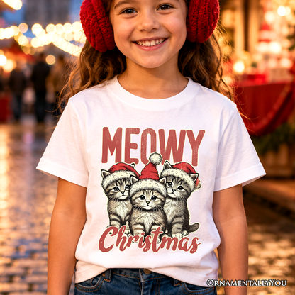 Kids Cute Meowy Christmas T-Shirt, Baby Cat In Santa Hat Holiday Youth Tee