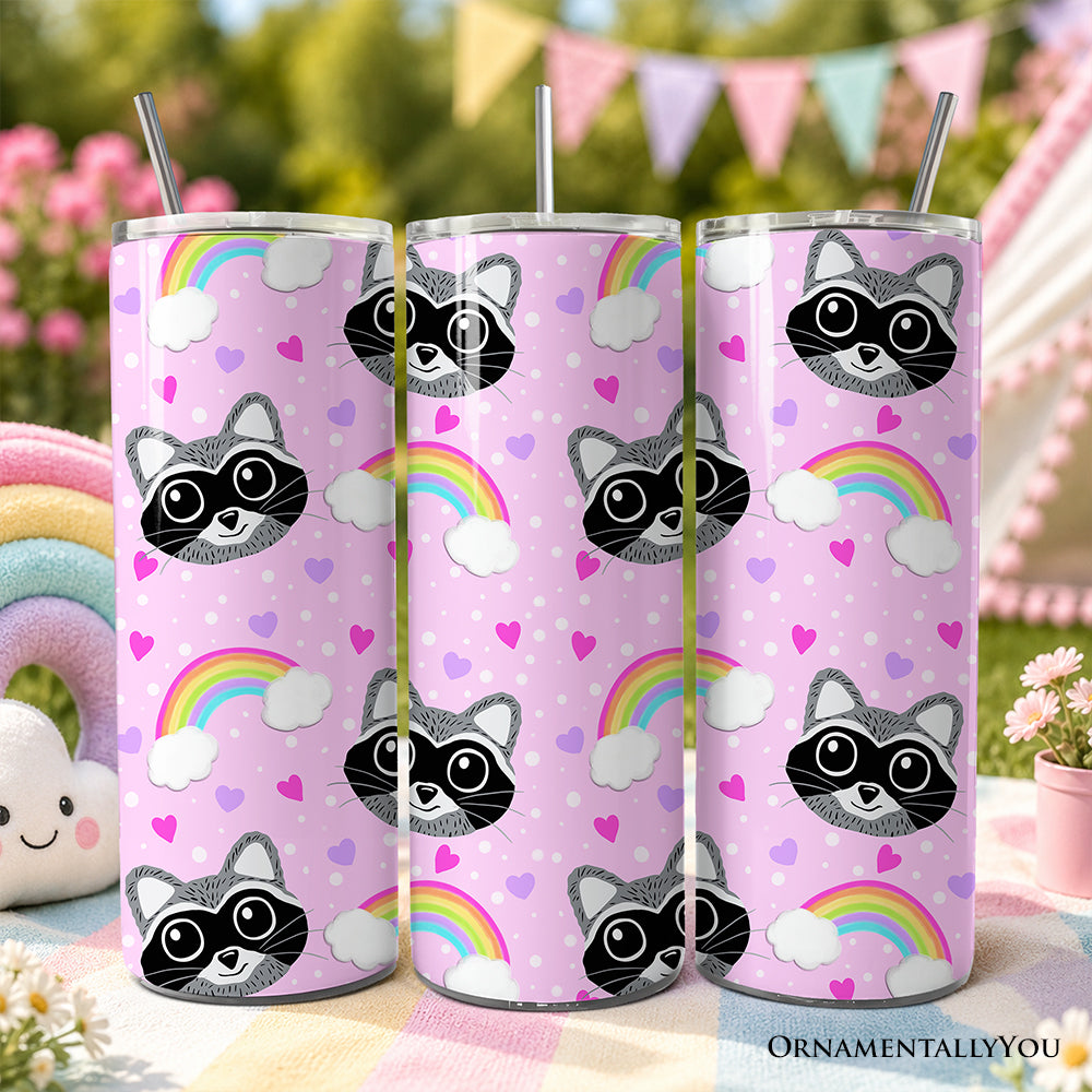 Pink Raccoon Rainbow Pattern 20oz Personalized Tumbler With Lid and Stainless Steel Straw, Colorful Woodland Animal Gift Cup