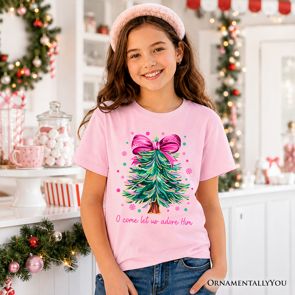 Kids Glitter Christmas Tree Coquette Bow T-Shirt, O Come Let Us Adore Him Holiday Youth Tee