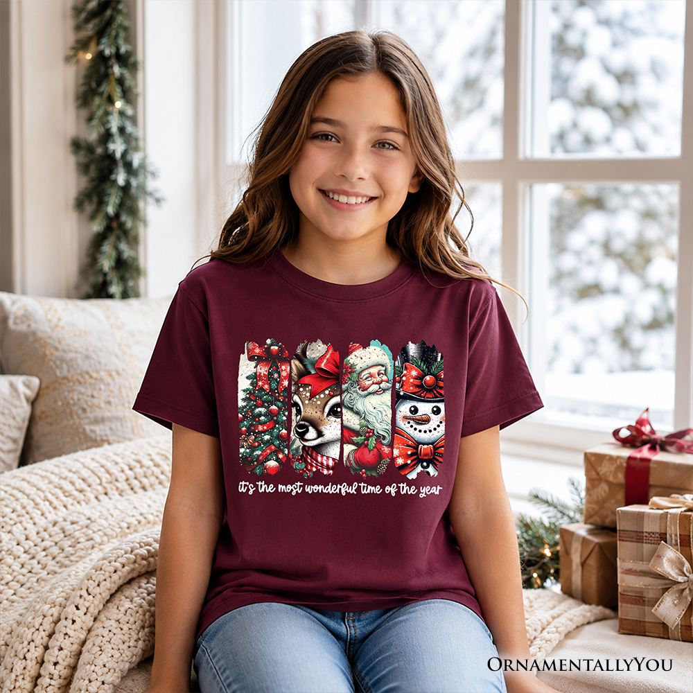 Kids It's Most Wonderful Time Of The Year T-Shirt, Reindeer, Santa, Snowman Vintage Youth Tee for Christmas