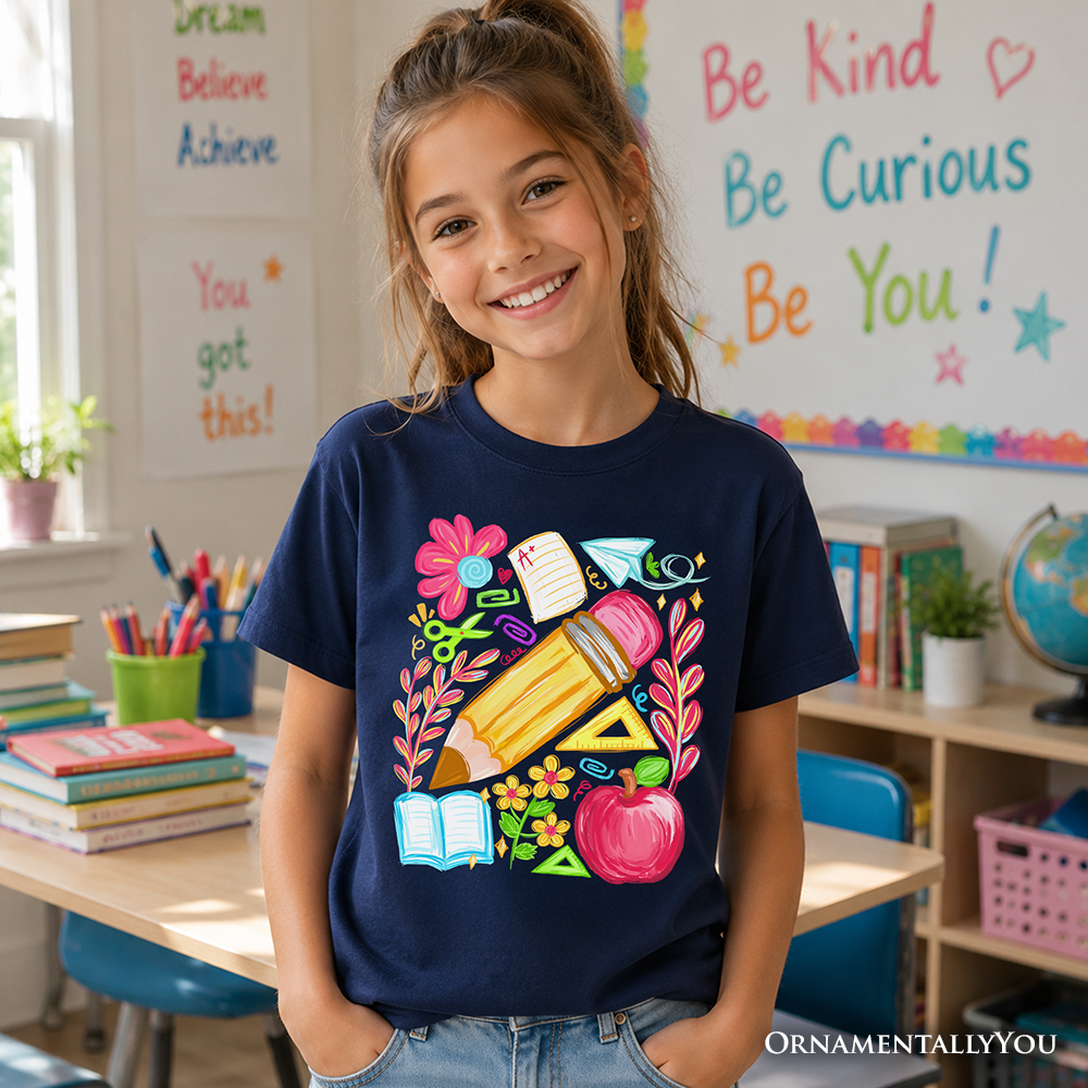Kids Floral Student Pencil T-Shirt, Colorful Back to School Tee for Youth