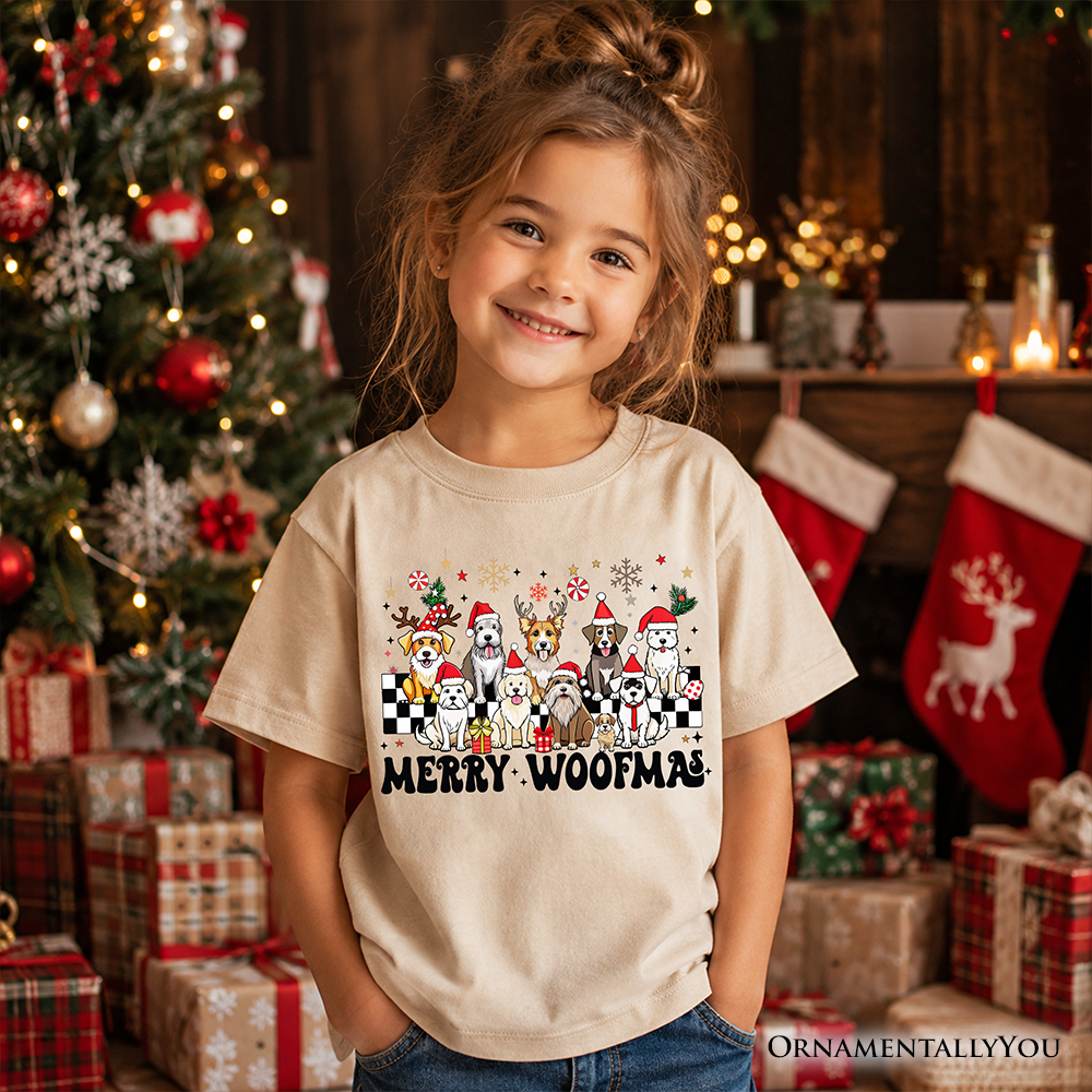 Kids Merry Woofmas Dog T-Shirt, Dogs With Santa Hats Christmas Youth Tee