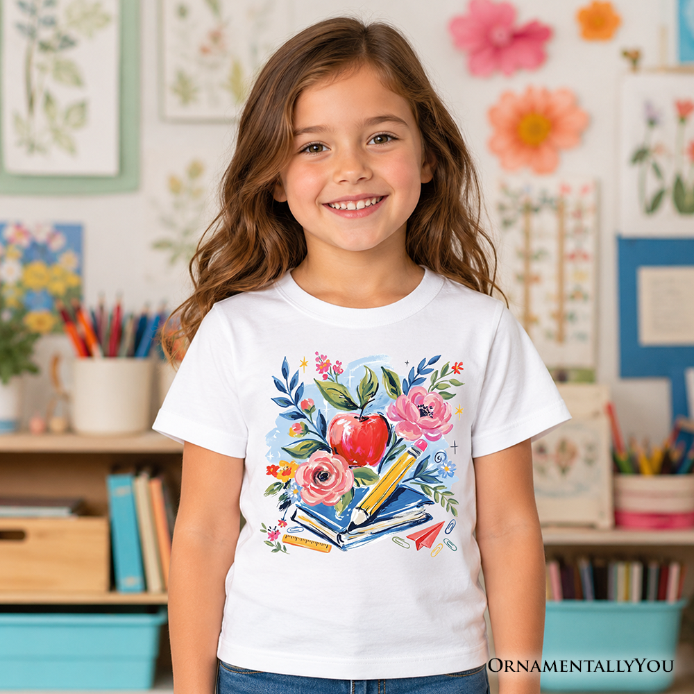 Kids Boho Floral Student T-Shirt, Watercolor Back to School Tee for Youth