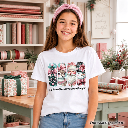 Kids Coquette Pink Christmas T-Shirt, It's The Most Wonderful Time Of The Year Vintage Tree, Reindeer, Santa and Snowman Youth Tee