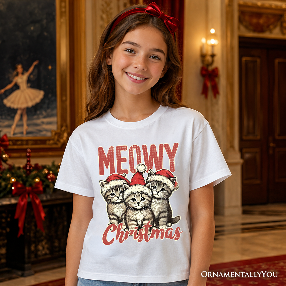 Kids Cute Meowy Christmas T-Shirt, Baby Cat In Santa Hat Holiday Youth Tee