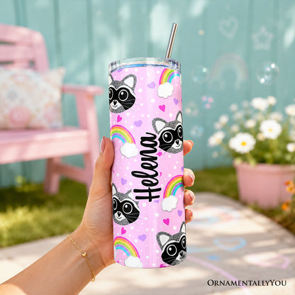 Pink Raccoon Rainbow Pattern 20oz Personalized Tumbler With Lid and Stainless Steel Straw, Colorful Woodland Animal Gift Cup