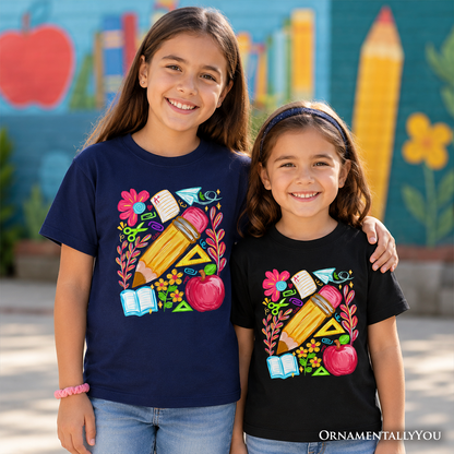 Kids Floral Student Pencil T-Shirt, Colorful Back to School Tee for Youth