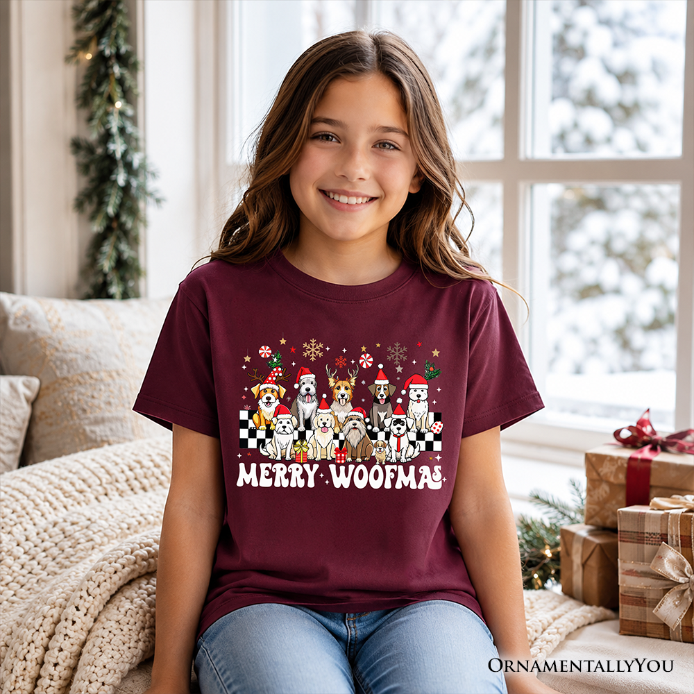 Kids Merry Woofmas Dog T-Shirt, Dogs With Santa Hats Christmas Youth Tee