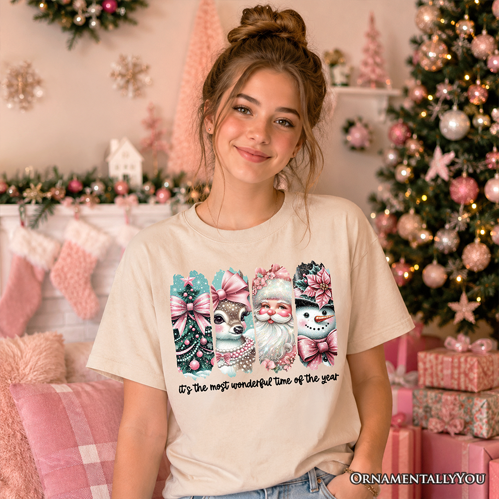 Kids Coquette Pink Christmas T-Shirt, It's The Most Wonderful Time Of The Year Vintage Tree, Reindeer, Santa and Snowman Youth Tee