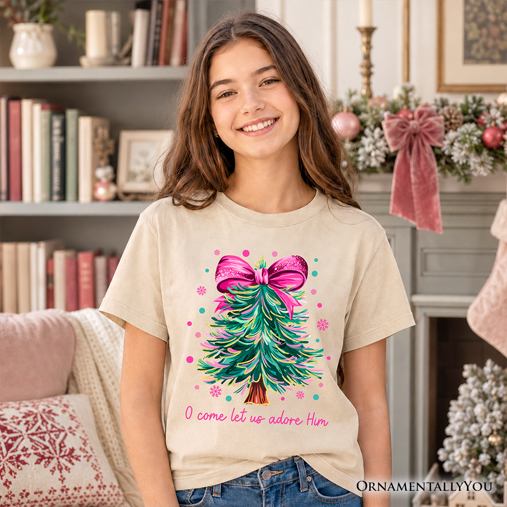 Kids Glitter Christmas Tree Coquette Bow T-Shirt, O Come Let Us Adore Him Holiday Youth Tee