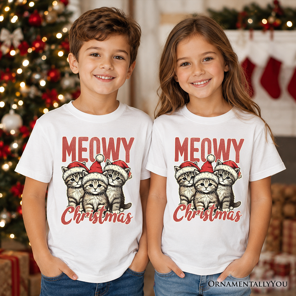 Kids Cute Meowy Christmas T-Shirt, Baby Cat In Santa Hat Holiday Youth Tee
