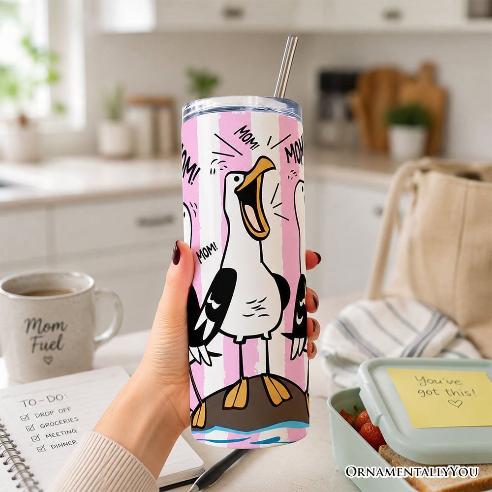 Funny Mom Calling Seagull 20oz Personalized Tumbler With Lid and Stainless Steel Straw, Pink Coastal Bird Gift Cup