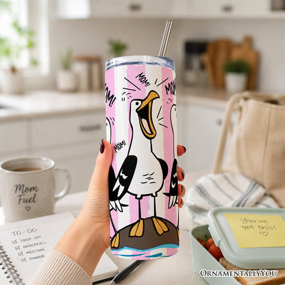 Funny Mom Calling Seagull 20oz Personalized Tumbler With Lid and Stainless Steel Straw, Pink Coastal Bird Gift Cup