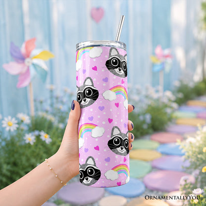 Pink Raccoon Rainbow Pattern 20oz Personalized Tumbler With Lid and Stainless Steel Straw, Colorful Woodland Animal Gift Cup