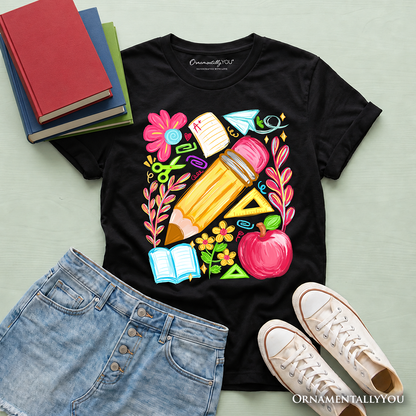 Kids Floral Student Pencil T-Shirt, Colorful Back to School Tee for Youth